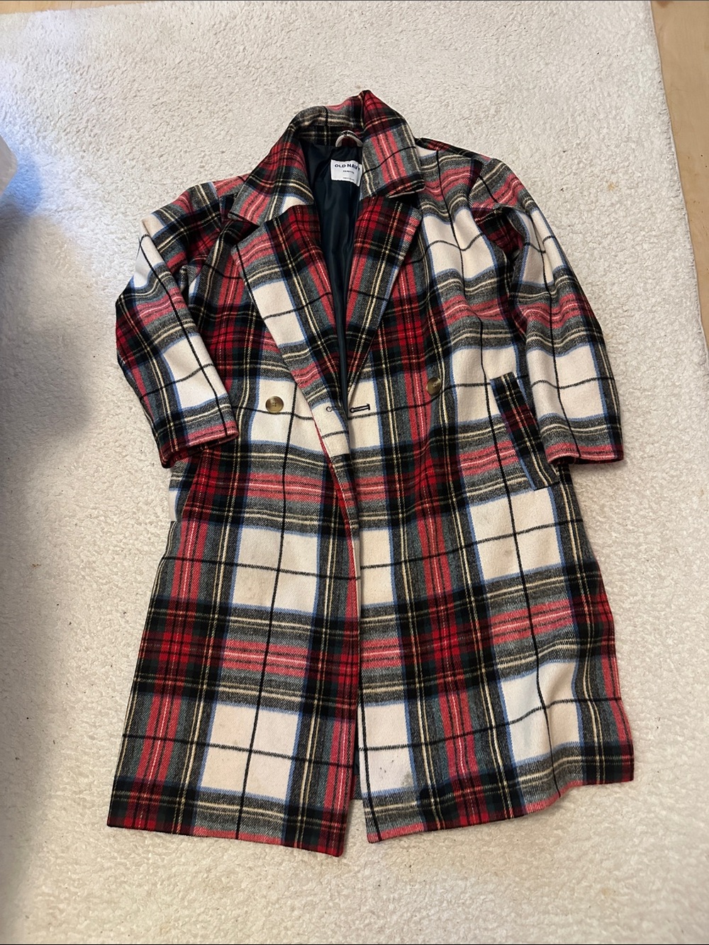 Plaid Long Wool-Blend Coat - Red & Cream